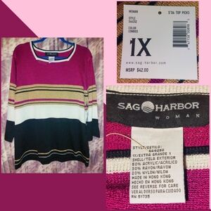 Sag Harbor Woman Blk/Wine/Wht/Cream Striped Light Sweater Knit Top 1X(14/16)